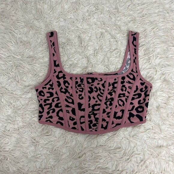 Shein Womens Cheetah Pink & Black Animal Print Crop Corset Sexy Top Size 6 - Picture 1 of 11